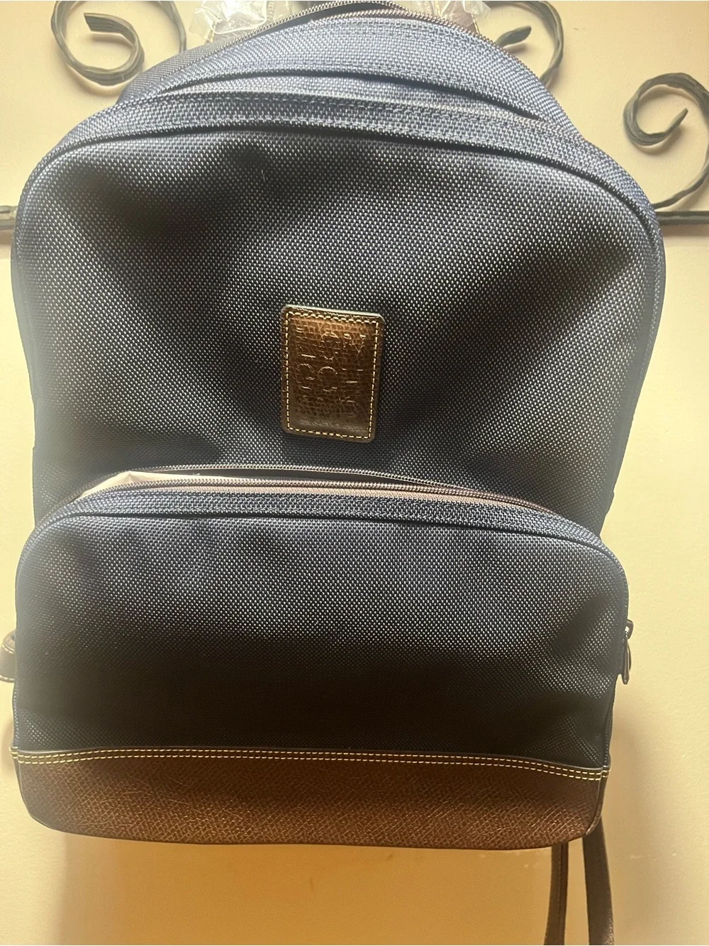 Longchamp Men's Navy Blue Backpack with Brown Trim